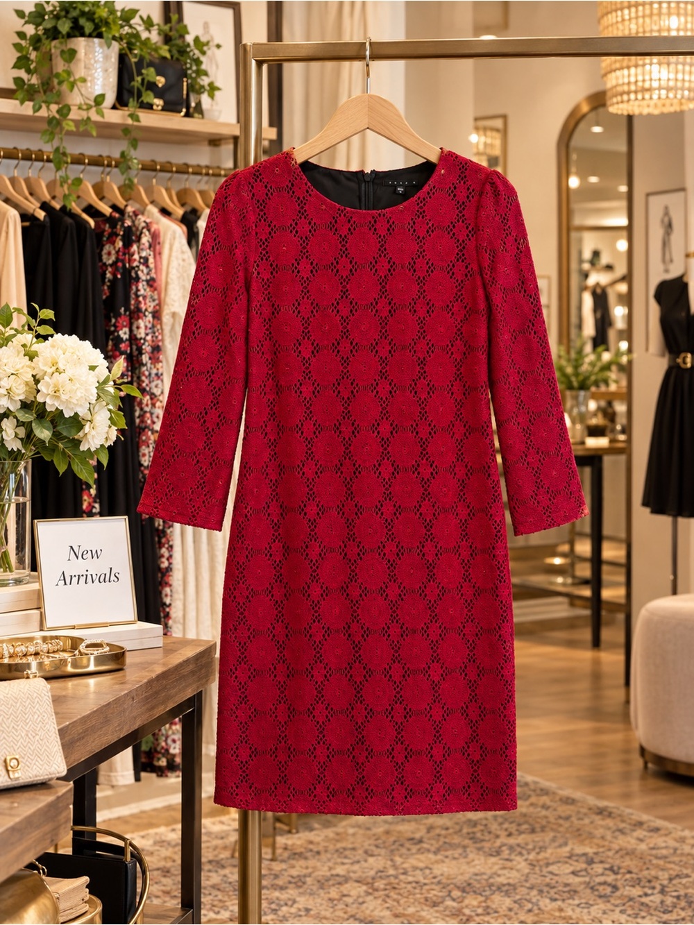 Tiana B. Red Lace Shift Dress with Three-Quarter Sleeves